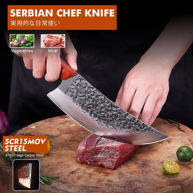KITNATS Professional Butcher Knife Set, Hand Forged Heavy Duty Meat Cleaver Serbian Chef Knife Viking Boning Knife 3PCS Kitchen Set for Meat Cutting Home Kitchen Outdoor Camping BBQ Cooking Gift for Men - Image 3